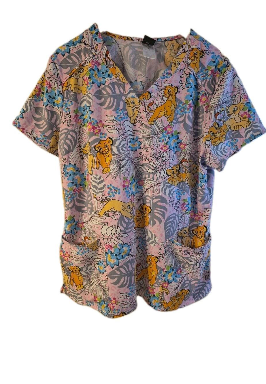 Disney Woman’s Scrub Top Pink The Lion King Size XL Simba And Nala With Pockets